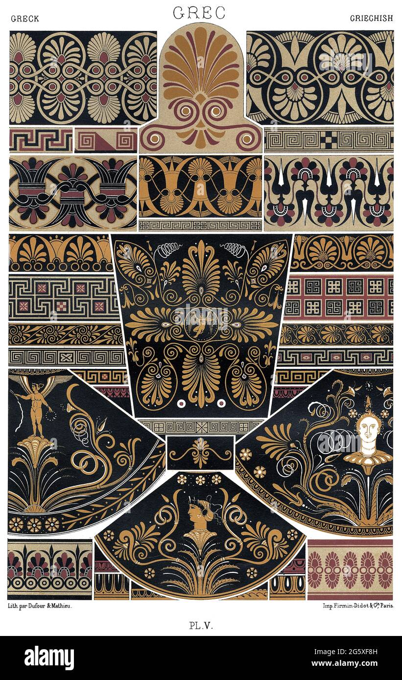 Griechische Kunst - konventionelle Flora, Bünde oder Mäander - in Athen, Ägina, Apulien etc. - durch die Ornament 1880. Stockfoto