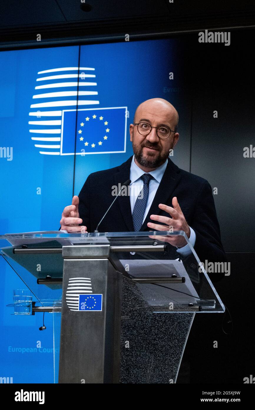 Der Präsident des Europäischen Rates, Charles Michel, nimmt an der Videokonferenz der Staats- und Regierungschefs der Europäischen Union Teil. Brüssel, Belgien. Stockfoto