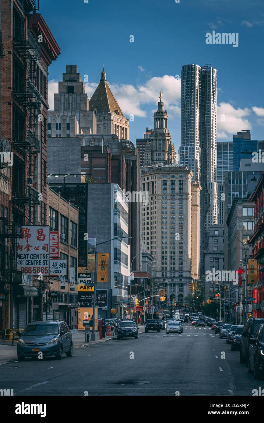Center Street mit Blick auf das Rathaus, in Nolita, Manhattan, New York City Stockfoto