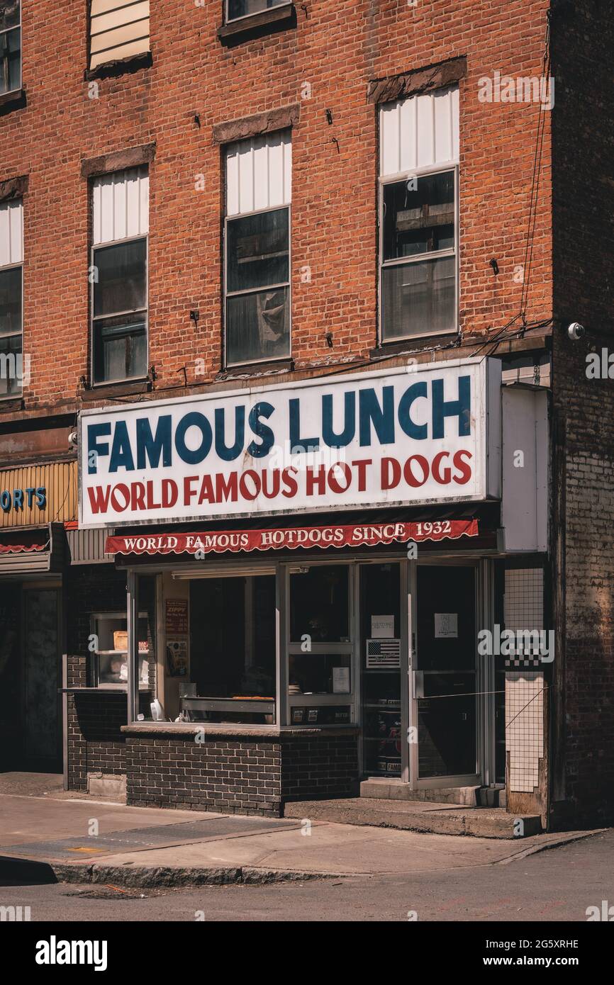 Berühmtes Mittagessen weltberühmtes Hot Dogs Schild, Troy, New York Stockfoto