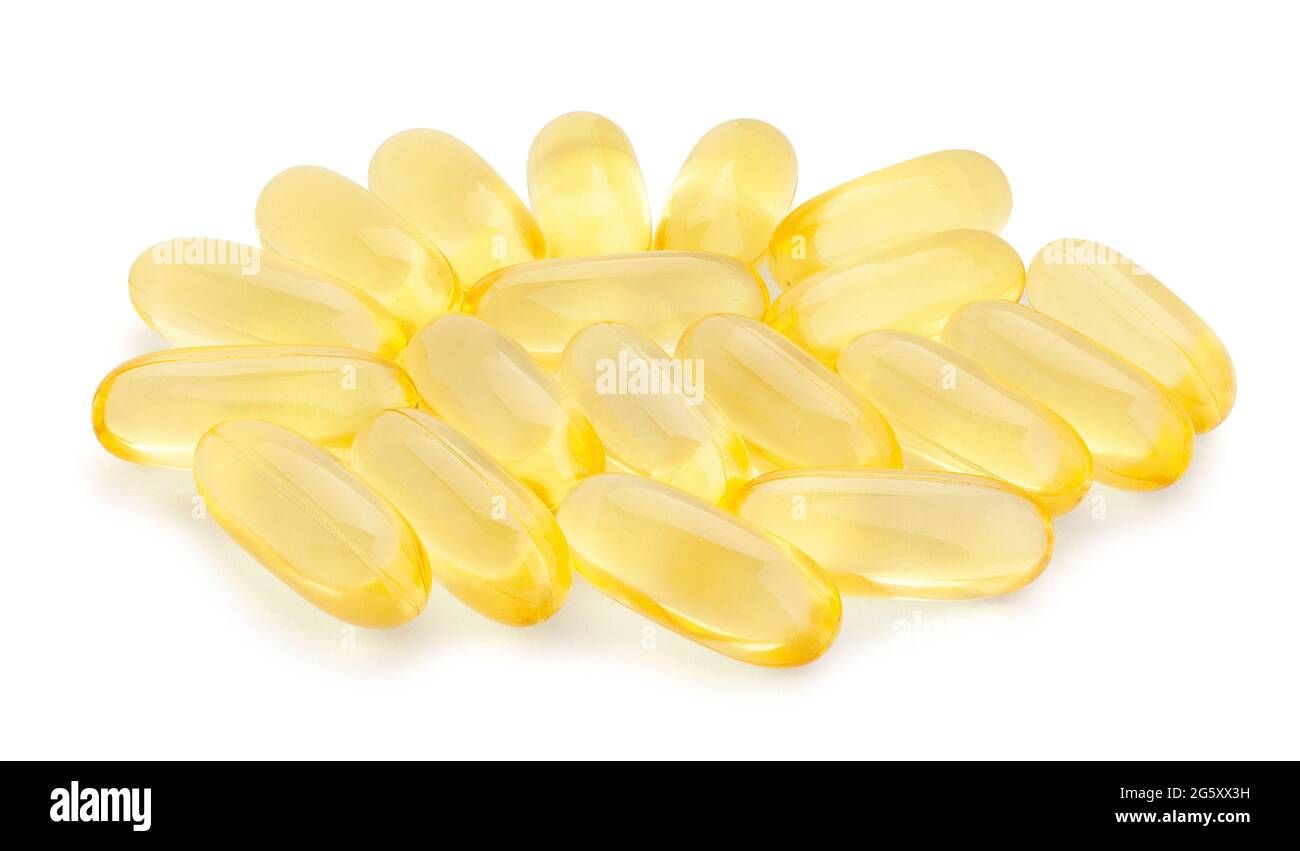 Vitamintabletten Pfad isoliert auf weiß Stockfoto