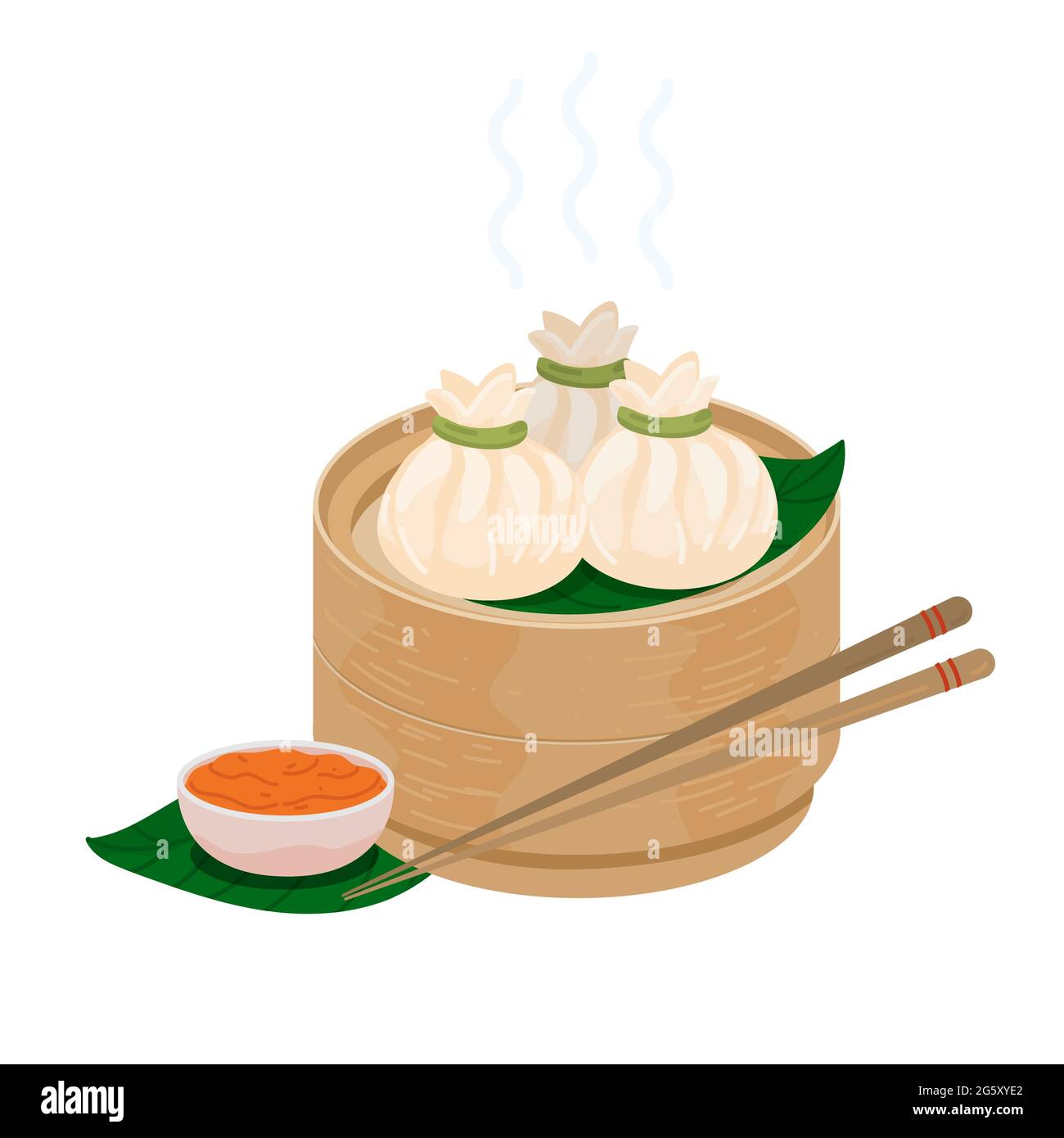 Xiaolongbao. Suppenknödel. Chinesisches Dampfbrötchen baozi. Das gedämpfte xiaolong bao wird in einem traditionellen Dampfkorb serviert. Xiaolong momo mantou irgendwie dunkel Stock Vektor