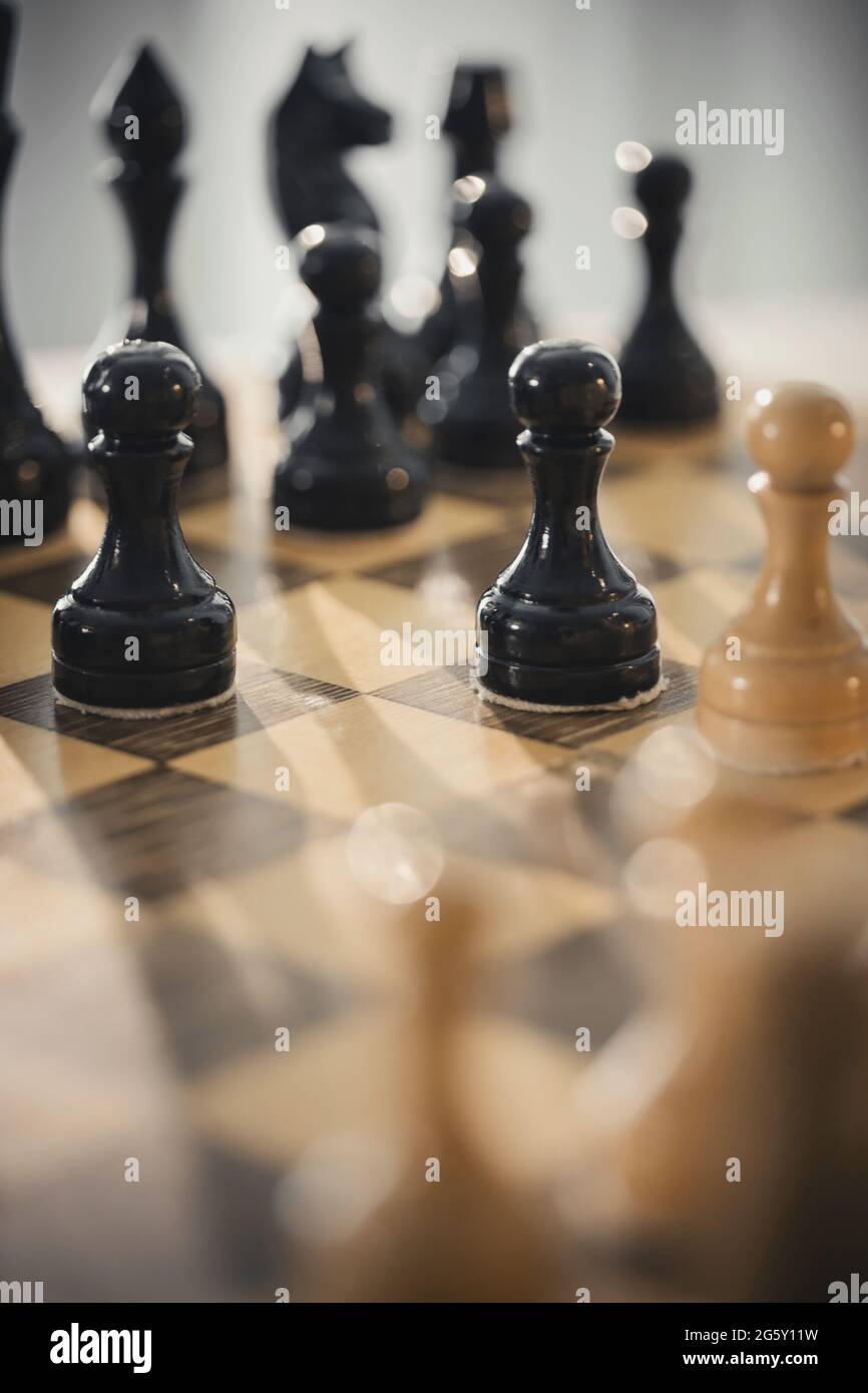 Schachfiguren aus Holz auf dem Schachbrett. Intellektuelles Spiel -Schach. Schachfiguren auf dem Brett. Ein Schachspiel. Stockfoto