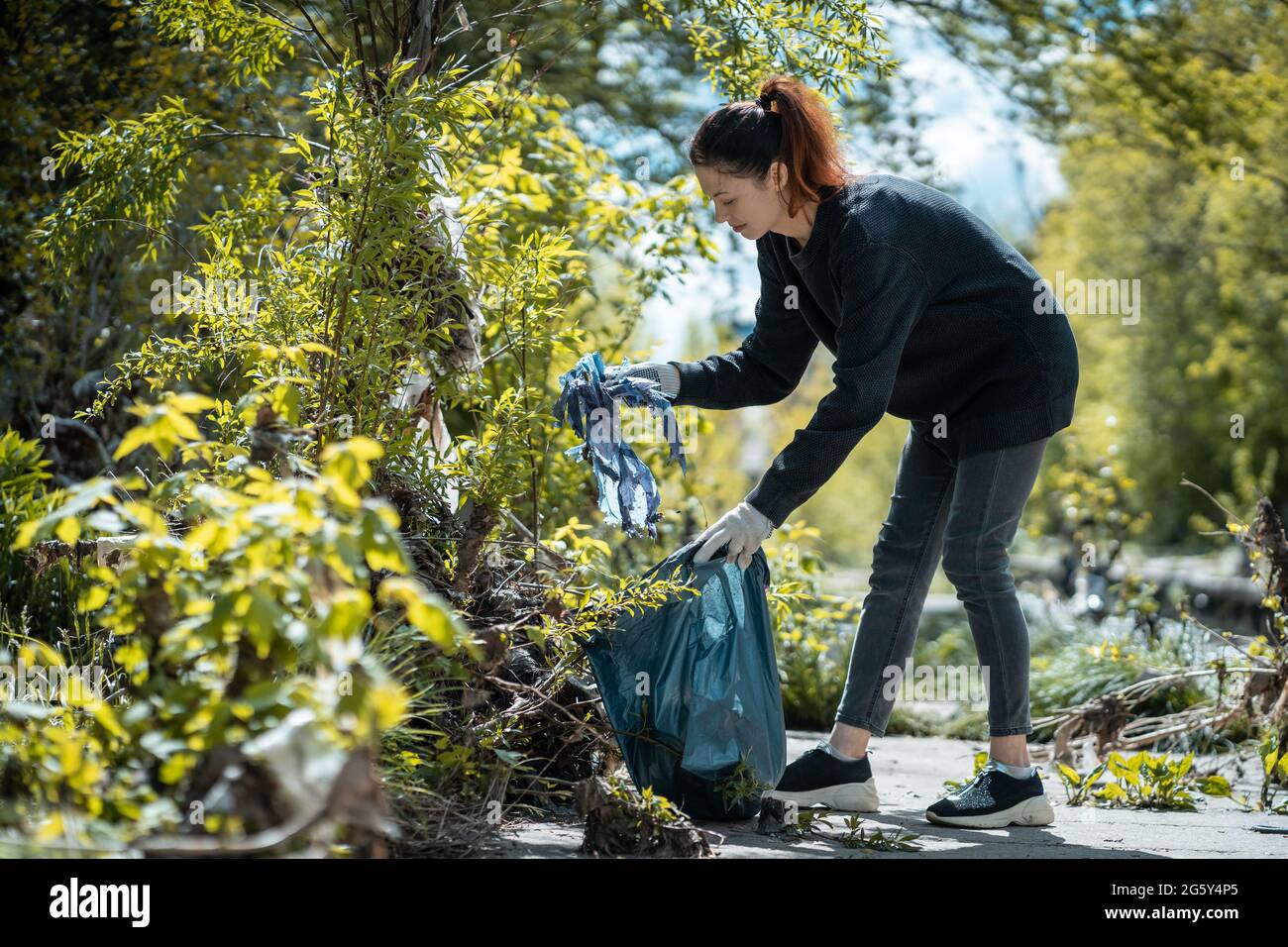 Freiwillige weibliche Reinigung von Park und Baum aus Plastikmüll Mit Müllbeutel Stockfoto