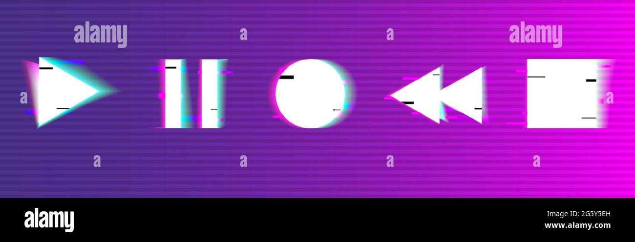 Glitch-Tasten eingestellt. Wiedergabe, Stopp, Pause, Rücklauf. Digitale Wiedergabetasten. Abstrakte moderne Elemente. Verzerrte Stereoformen für Banner, Poster. Vektor Stock Vektor