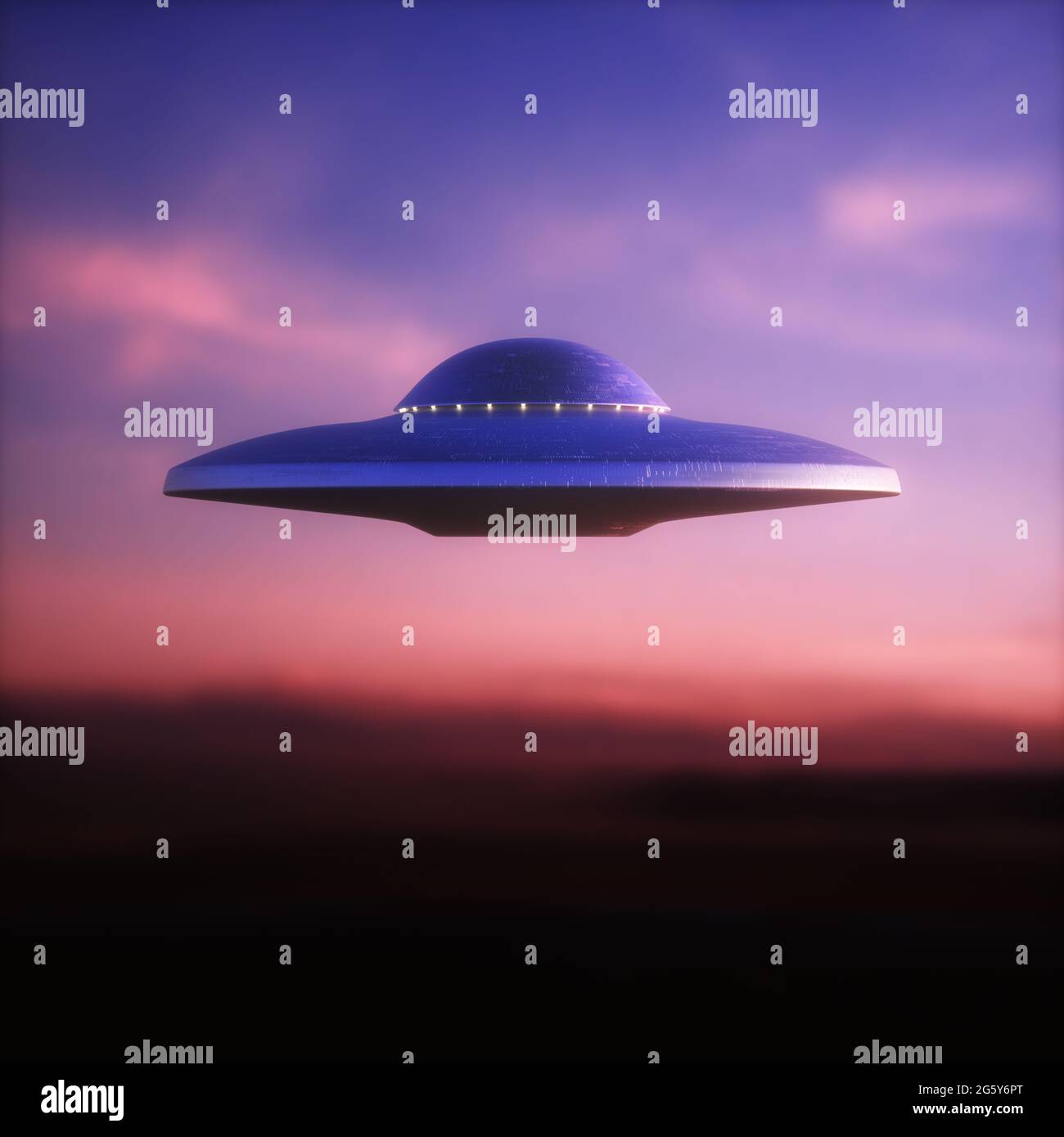 Nicht identifiziertes fliegendes Objekt - UFO. Science Fiction, 3D Illustration Konzept der Ufologie. Beschneidungspfad Enthalten. Stockfoto