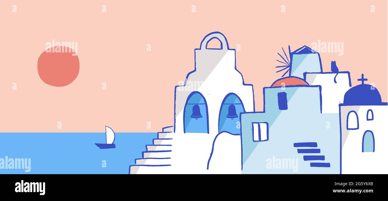 Griechenland handgezeichnete Illustration. Die Straßen der Altstadt von Santorin, traditionelle und berühmte Häuser und Kirchen mit blauen Kuppeln Stock Vektor