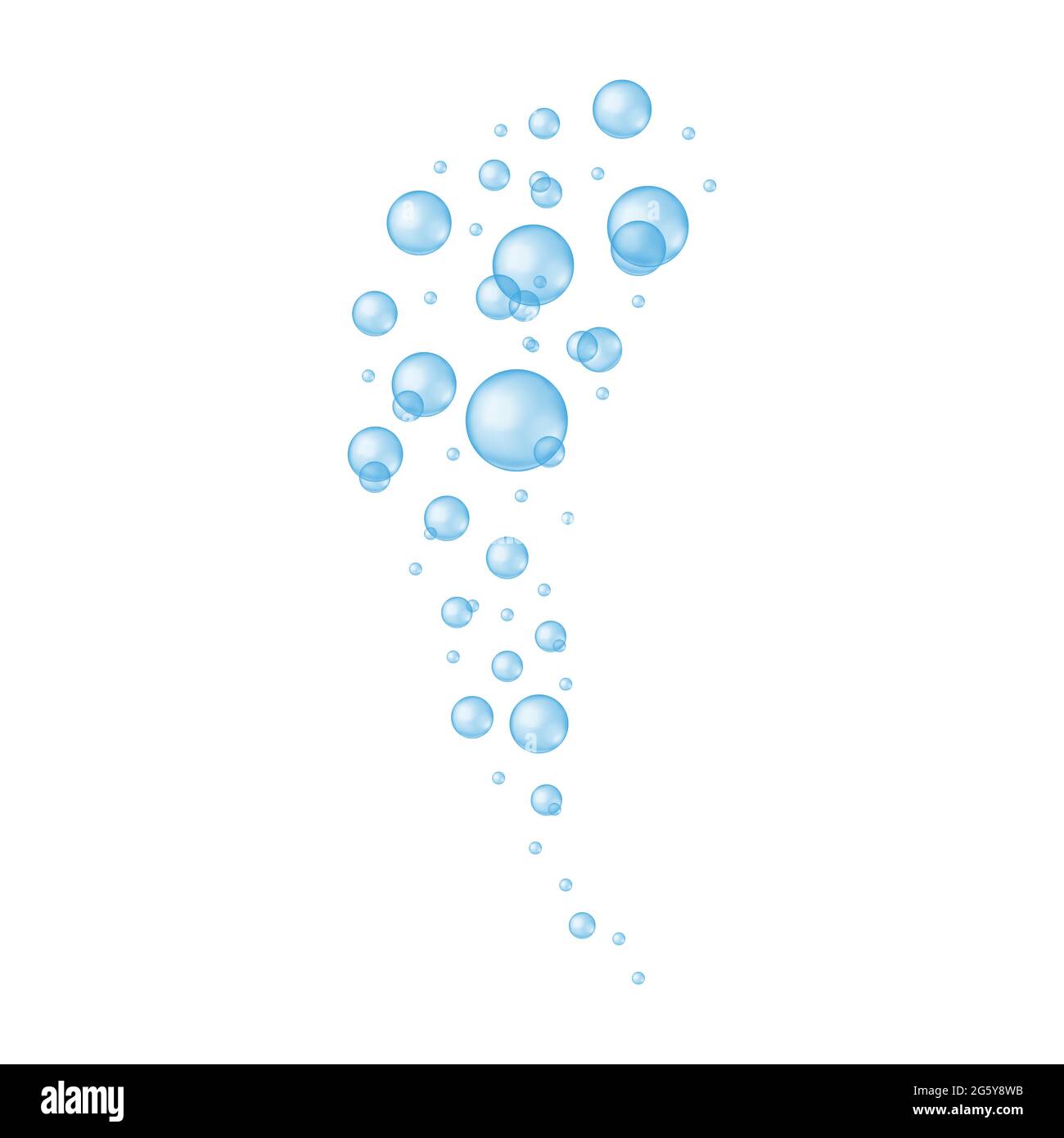 Transparente blaue Blasen isoliert auf weißem Hintergrund. Seife oder Reinigungsmittel Schaum, Aquarium oder Meer Sauerstoffstrom, Bad sud, kohlensäurehaltige Wasser Wirkung. Vektor-realistische Darstellung. Stock Vektor