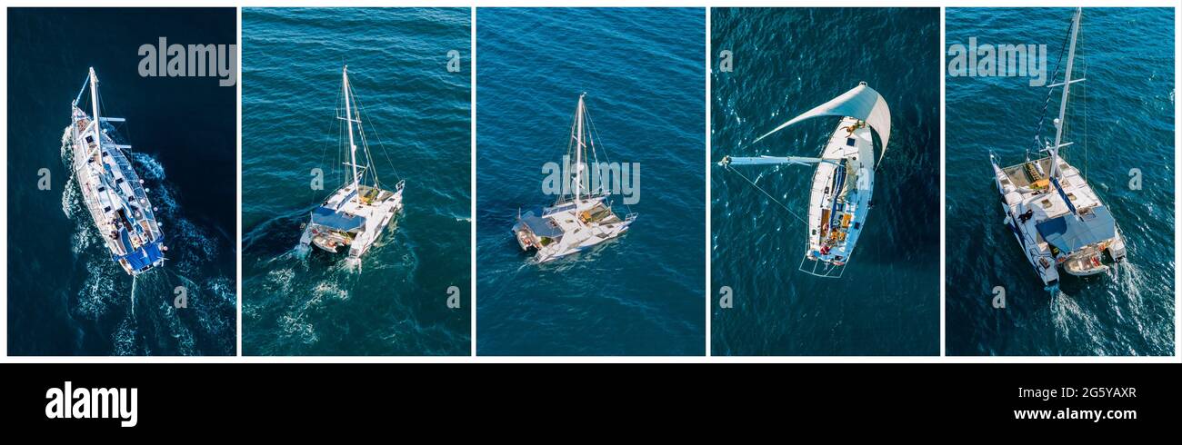 Collage von fünf Ansichten der Antenne Schiffen, Booten und Yachten auf dem Meer, das große Banner Stockfoto