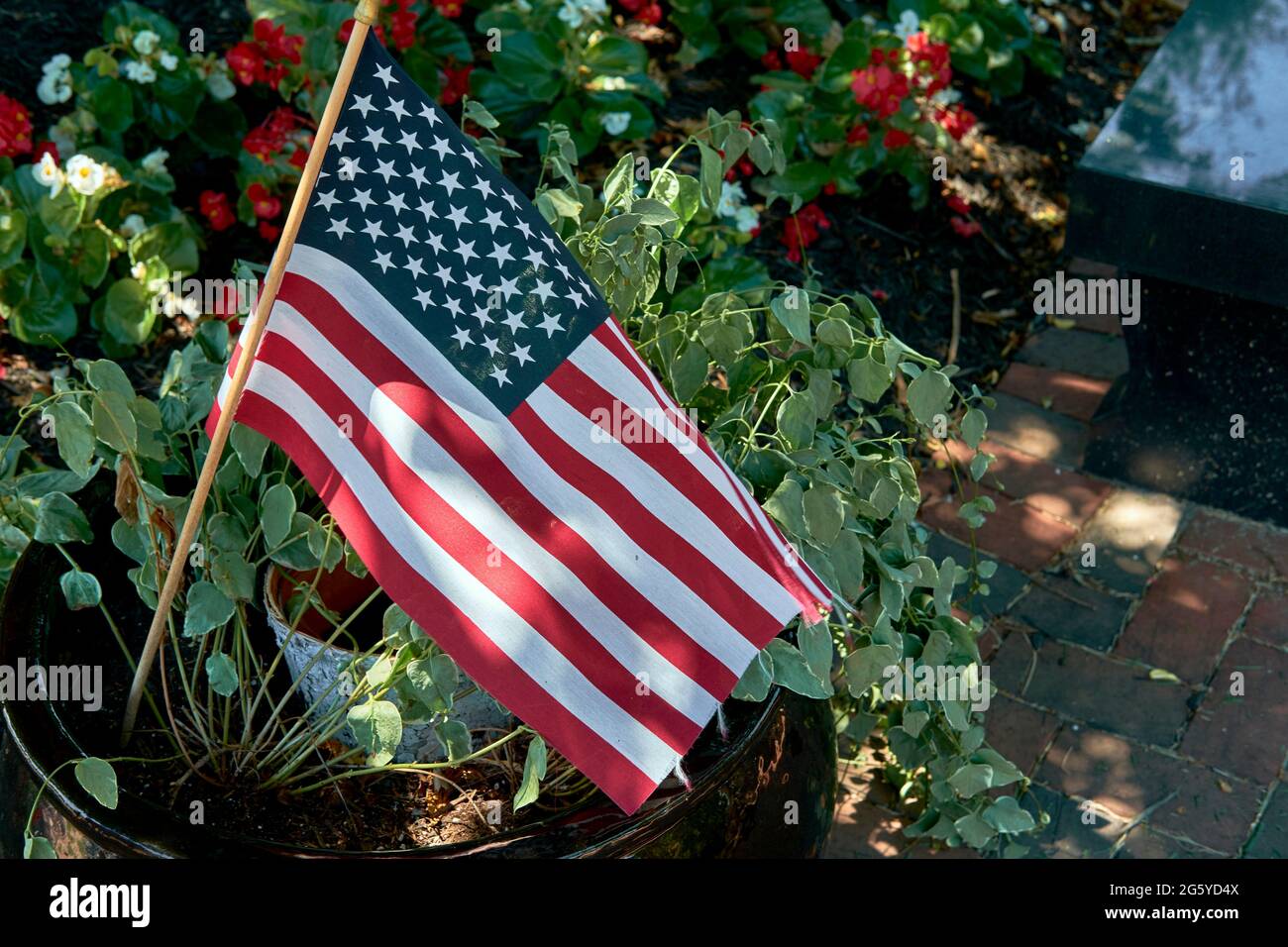 4. Juli - kleine amerikanische Flagge gegen Topfblumen. Stockfoto