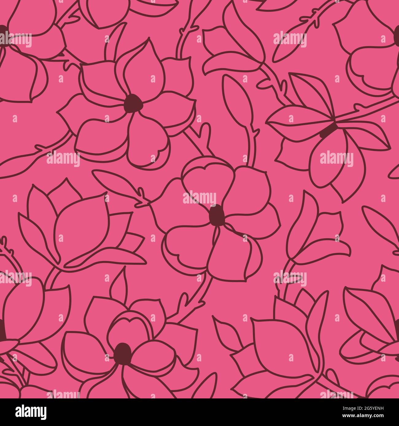 Nahtloses Blumenmuster. Eine lineare Handzeichnung mit Blüten und Blättern der Magnolie. Burgunder Umriss auf einem rosa Hintergrund. Vektorgrafik Stock Vektor