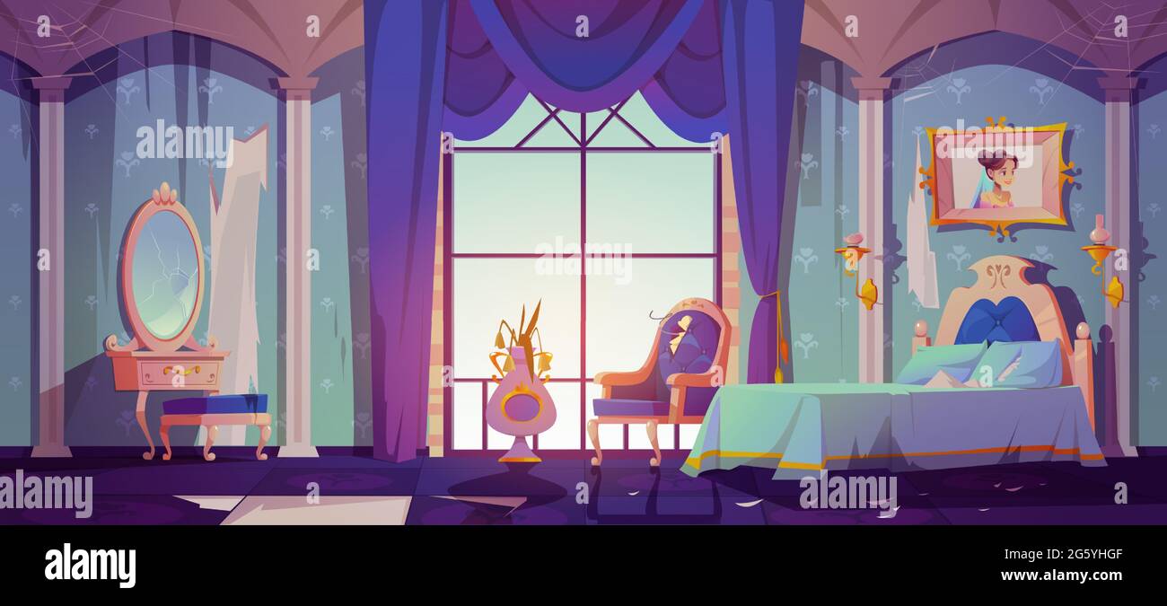 Verlassene Prinzessin Schlafzimmer Interieur, verfallene Zimmer mit kaputten Vintage-Möbel, Bett, zerlumpte Tapete oder Teppich, marode Dekor, Spinnennetz und Streuung Splitter um. Cartoon-Vektorgrafik Stock Vektor