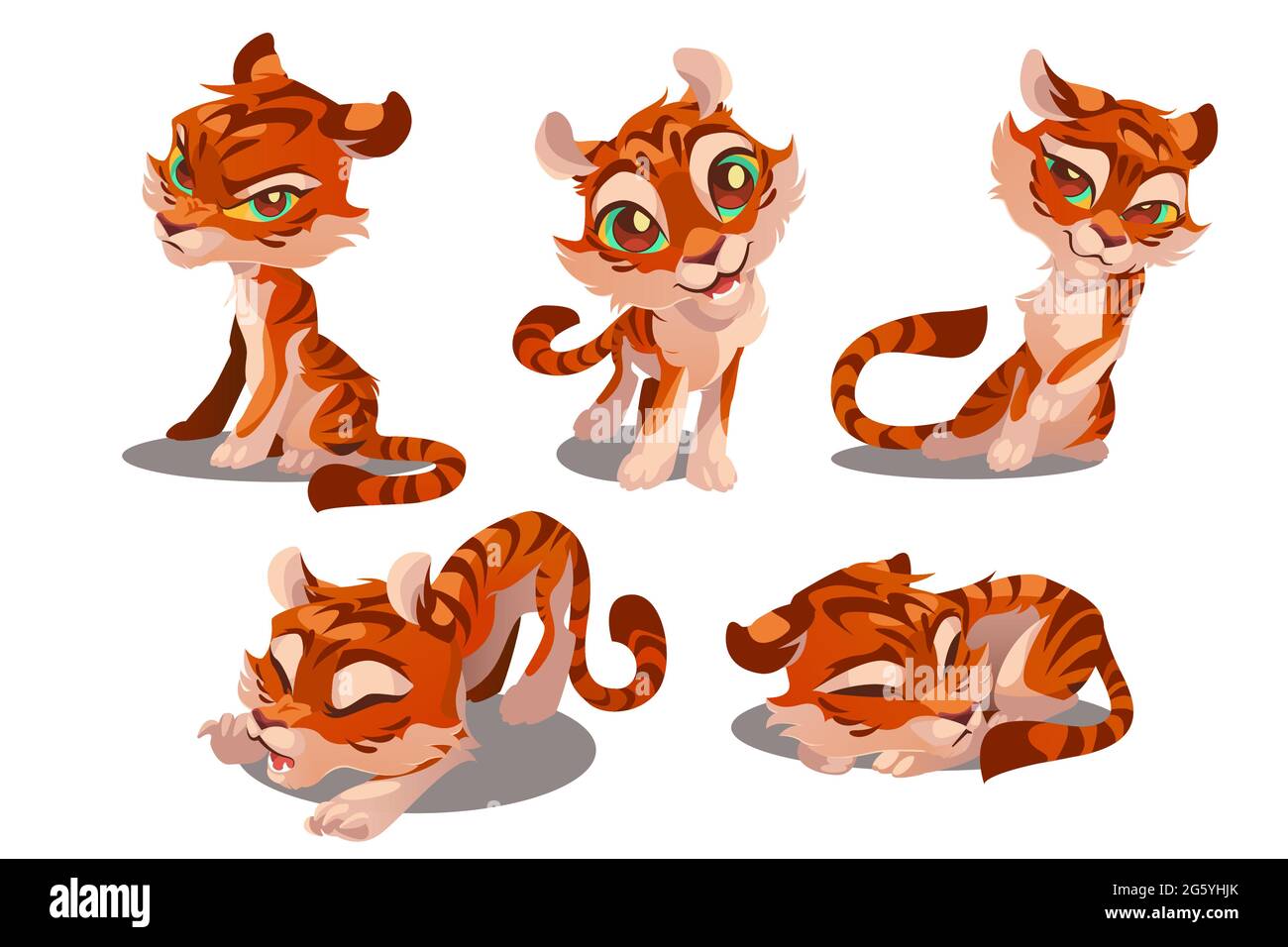 Niedliche Baby Tiger Charakter mit verschiedenen Emotionen isoliert auf weißem Hintergrund. Vektor-Set von Cartoon lustige Kätzchen flirtet, lächeln, schlafen, wütend und streckt. Kreatives Emoji-Set, Tiermaskottchen Stock Vektor