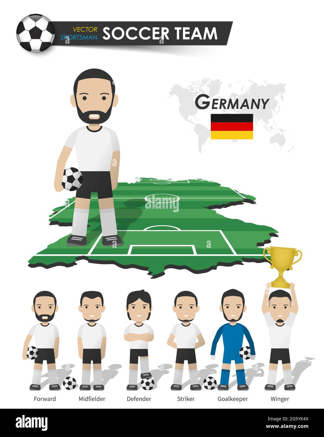 Deutsche Fußballnationalmannschaft . Fußballspieler mit Sporttrikot stehen auf Perspective Field Country Map und Weltkarte . Set von Fußballern Positio Stock Vektor