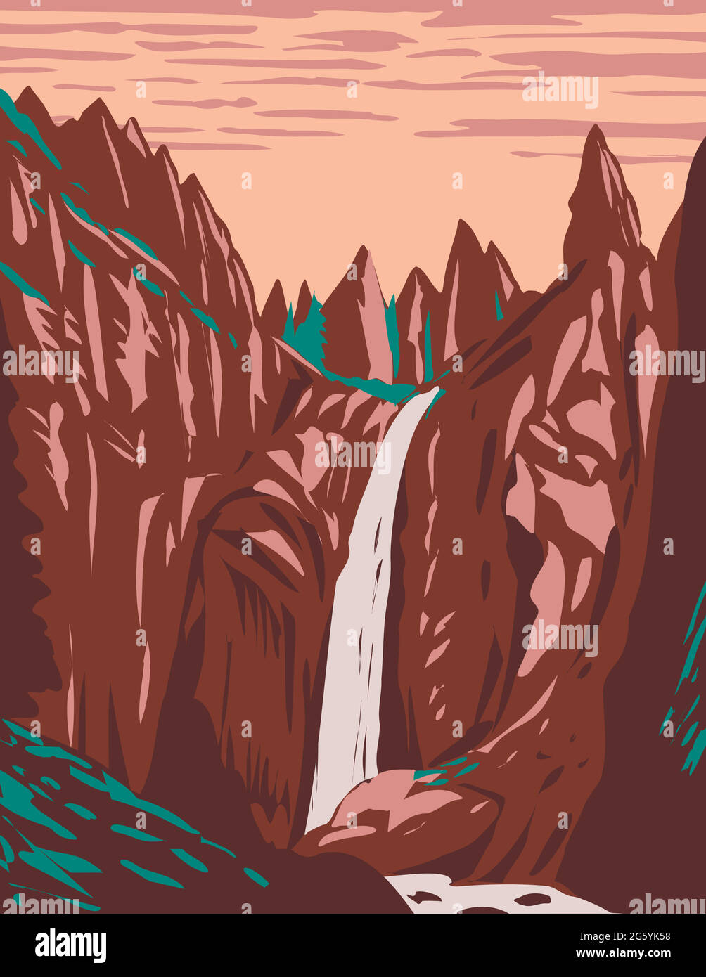 WPA-Plakatkunst des Tower Fall auf Tower Creek im Nordosten des Yellowstone National Park, Wyoming, USA, durchgeführt in Works-Projekt verwaltet Stock Vektor
