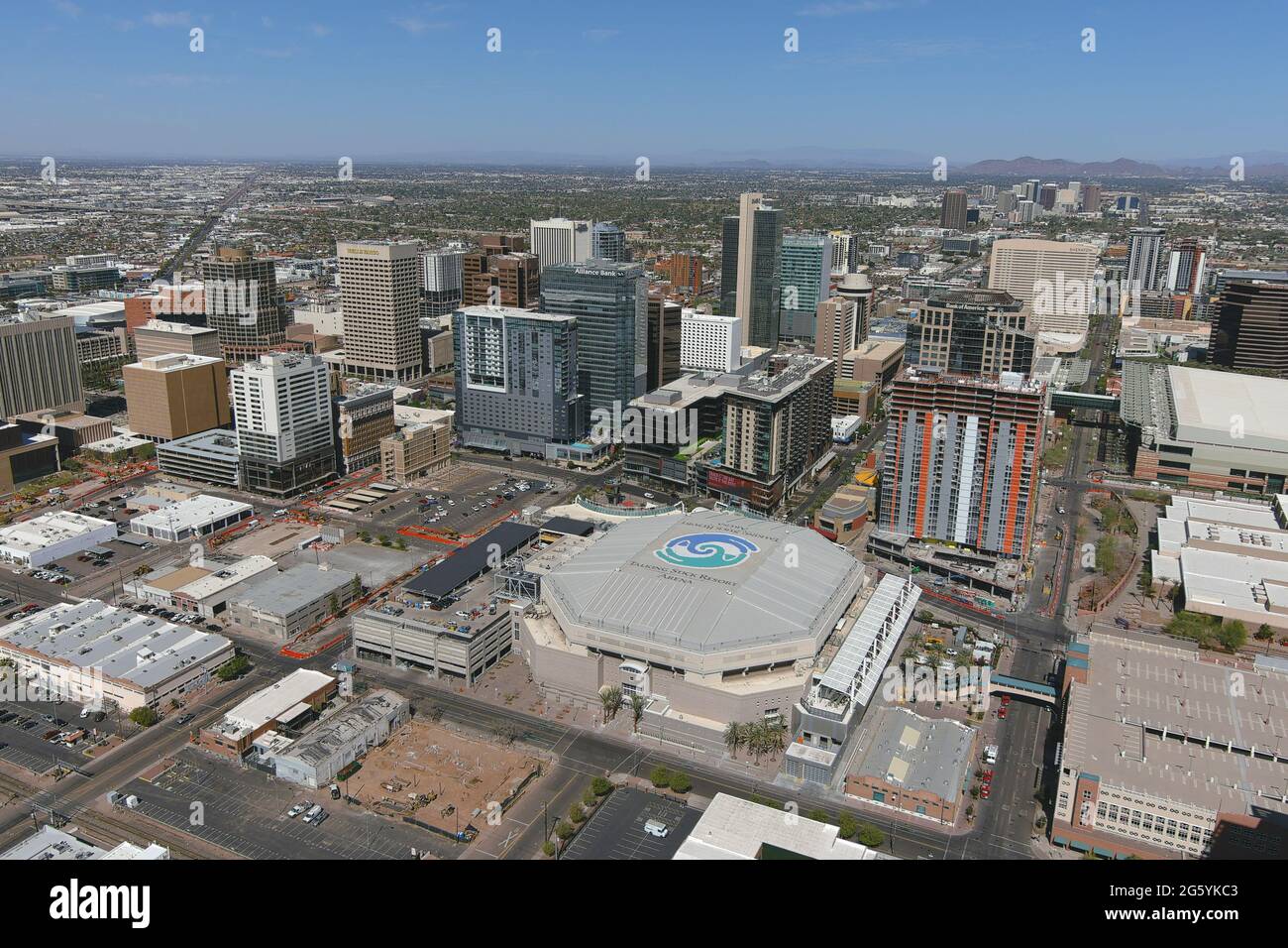 Eine Luftaufnahme der Phoenix Suns Arena, Dienstag, 2. März 2021, in Phoenix. Stockfoto