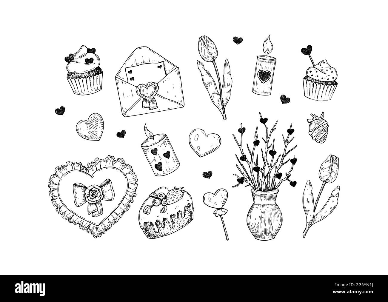 Handgezeichnete Designelemente zum Valentinstag. Vektorgrafik im Skizzenstil Stock Vektor