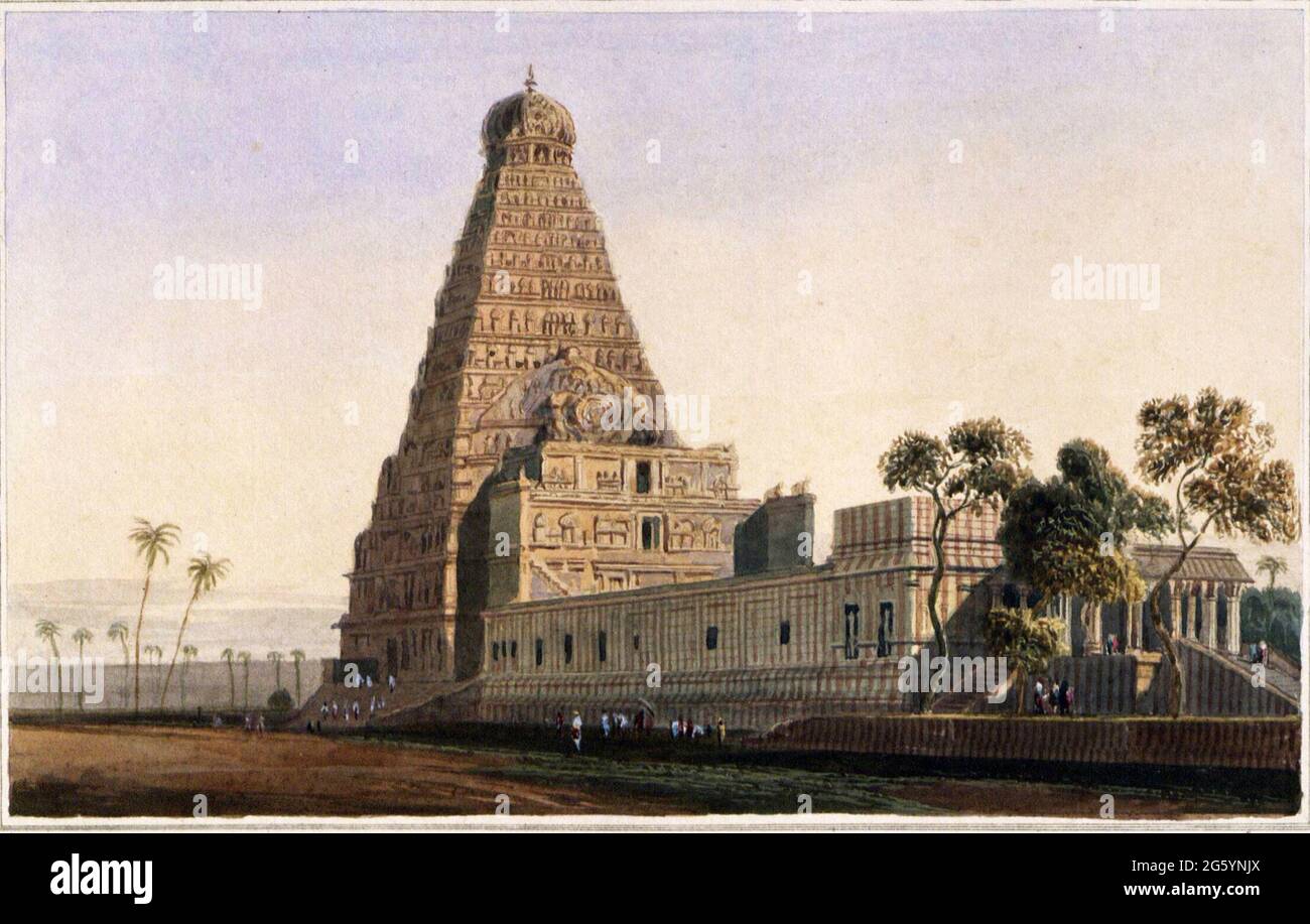Die große Pagode, Tanjore [Thanjavur] der Brihadishvara Tempel von Thanjavur wurde von Rajaraja I. der Chola Dynastie um 1000-10 n. Chr. bevormundet und ist eine der größten architektonischen Errungenschaften Südindiens. Der Tempel steht in der Mitte eines großen rechteckigen Gerichts und wird auf der Ostseite durch zwei Tore betreten. Der pyramidenförmige Turm des Hauptschreins ist etwa 60 Meter hoch und mit einer aufwändigen Skulptur bedeckt. Die Mandapa scheint unvollendet, während der Eingang zum eigentlichen Tempel eine Ergänzung der Nayaka-Zeit ist. Aus dem Buch "Orientalische Landschaft: Hundertfünfzig vie Stockfoto