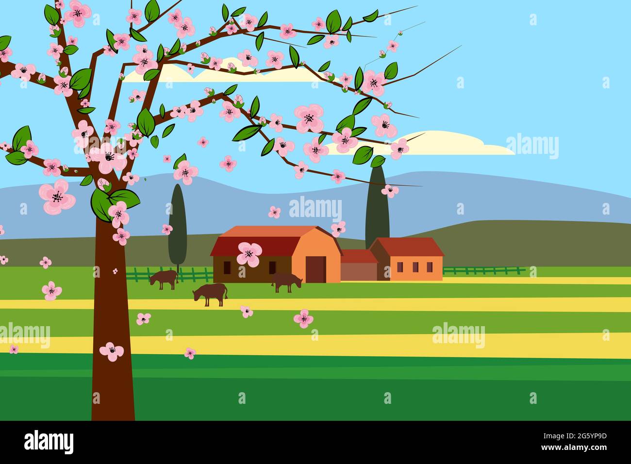 Frühlingslandschaft ländliche Landschaft, Blütenbaum, ländliche Natur mit Bauernhaus, Scheune und Grasblumen. Panorama Frühling grüne Felder, blauer Himmel Stock Vektor