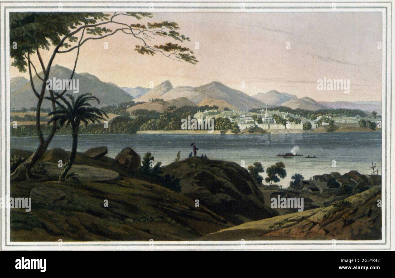 Blick auf Gyah, eine Hindoo-Stadt in Bahar [Bihar], 1801 Gaya liegt am Ufer des Phalgu-Flusses in Bihar und war schon früh mit Gautama und Mahavira, den Gründern des Buddhismus und Jainismus im 5. - 6. Jahrhundert v. Chr., assoziiert. Bodhgaya, der Ort der Erleuchtung Buddhas, ist einige Meilen südlich der Stadt. Zumindest aus dem frühen Mittelalter wurde Gaya zu einem wichtigen Ort der Hindu-Wallfahrt rund um das Steinbild von Vishnus Fußabdruck im Vishnupada-Tempel, der diese Ansicht der Stadt dominiert, zentriert. Aus dem Buch "Orientalische Landschaft: Hundertfünfzig Ansichten von Stockfoto
