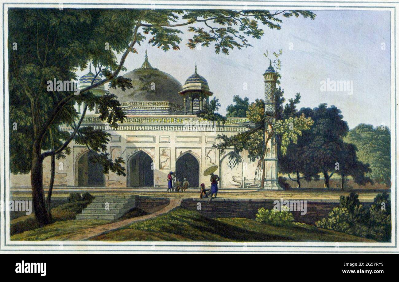 Mausoleum von Nawaub Asoph Khan, Rajemahel wie dieses Grab, das sie glaubten, dass der Nawab Asaf Khan, Jahangir Schwager sein. ASAF Khan (d. 1641) in der Tat in Lahore begraben, und es ist nicht bekannt, wer in diesem jetzt verschwundenen Grab in Rajmahal, der ehemaligen Hauptstadt des Subahdar oder Mughal Vizekönig von Bengalen und Bihar begraben liegt. Aus dem Buch "Orientalische Landschaft: Hundertfünfzig Ansichten der Architektur, Antiquitäten und Landschaft Landschaft Landschaft Hindoostan" von Thomas Daniell, und William Daniell, Veröffentlicht in London von den Autoren 1. Mai 1813 Stockfoto