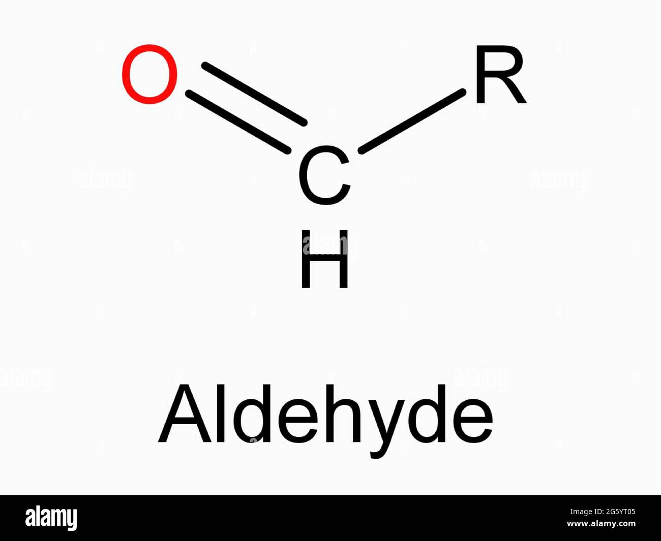 Aldehyd funktionelle Gruppe Molekül Atom Formel isoliert auf weißem Hintergrund organische Chemie RCHO-Verbindung molekulare Struktur Kohlenstoff Wasserstoff Oxyge Stockfoto