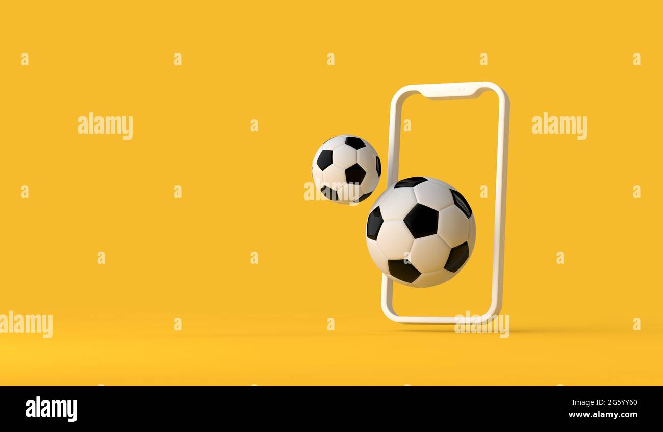 Smartphone mit Fußball-Fußball. Online-Spiel oder Video-Stream.  3D-Rendering Stockfotografie - Alamy
