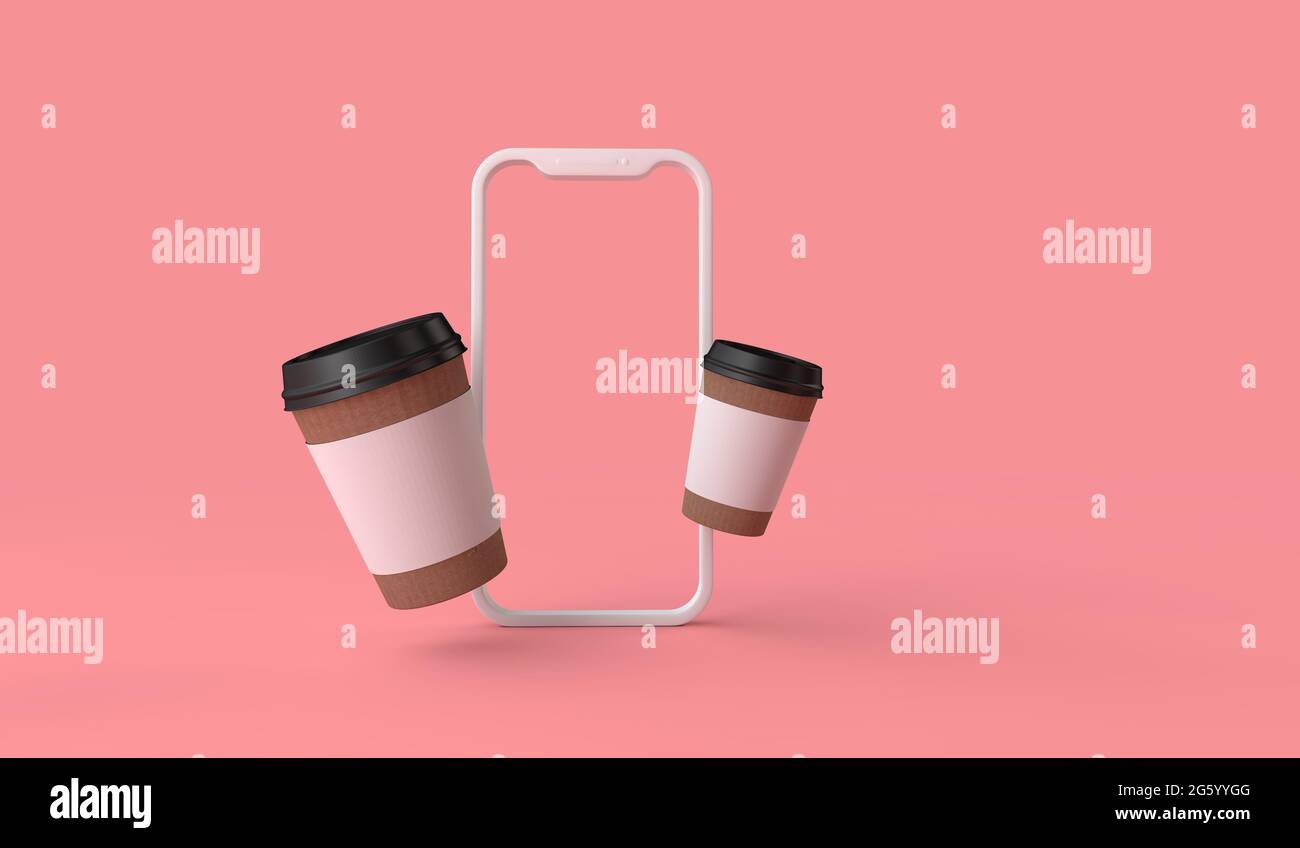 Online-Bestellung zum Mitnehmen oder zur Lieferung von Kaffee über ein Smartphone. 3D-Rendering Stockfoto