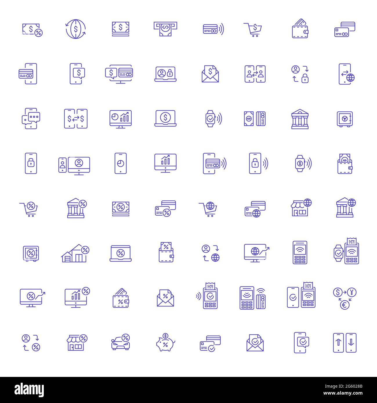 96 Ikonen der Finanz- und Vermögenswelt. Mobile Banking, kontaktloses Bezahlen, Sparen, Ausleihen und sichere Geldtransfers Stock Vektor