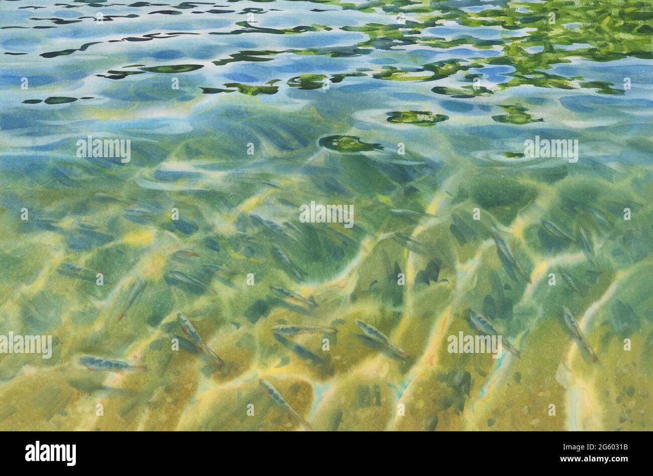 Sonnige Wasser mit transparenten Wellen Aquarell Hintergrund Stockfoto