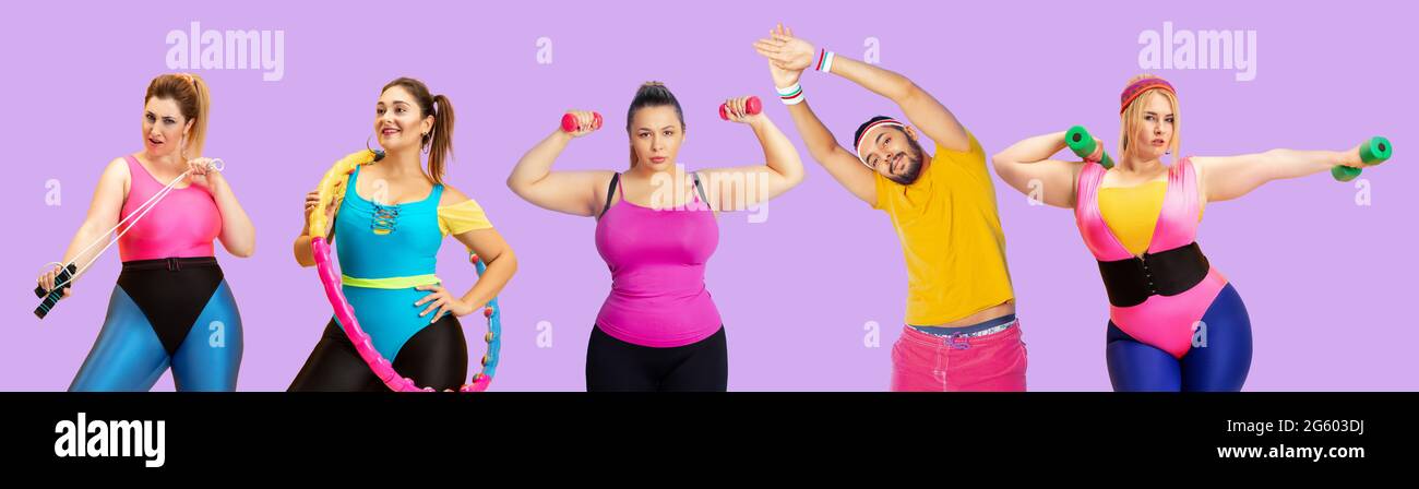 Collage von Fotos von Plus-Size-Frauen und Mann isoliert auf rosa Studio-Hintergrund. Konzept von Fitness, gesunder Lebensstil Stockfoto