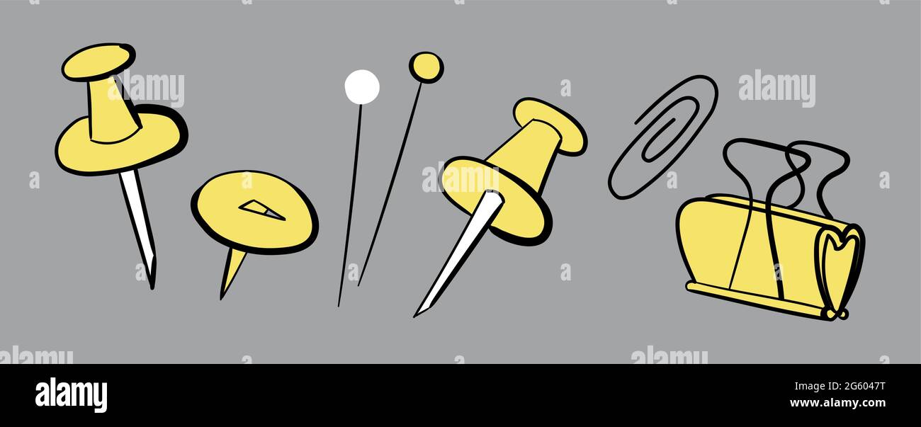 Trendy Doodle handgezeichnete Vektor-Illustration in gelben und grauen Farben des Jahres 2021 isoliert auf einem grauen Hintergrund gesetzt. Einfache Zeichnung Doodle Stil Skizzen von Büro liefert Stifte und Büroklammern. Stock Vektor