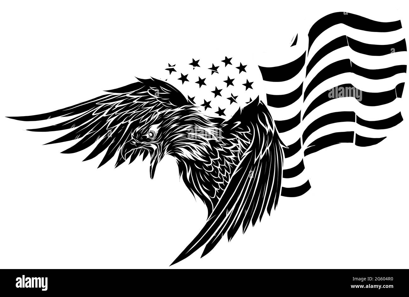 Silhouette von Adler gegen USA Flagge und weißem Hintergrund. Stock Vektor