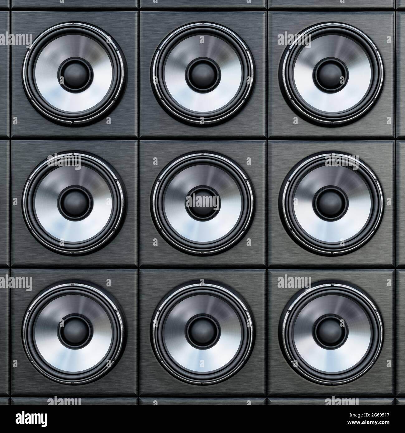 Gruppe von schwarzen und silbernen Lautsprechern. 3D-Illustration. Stockfoto