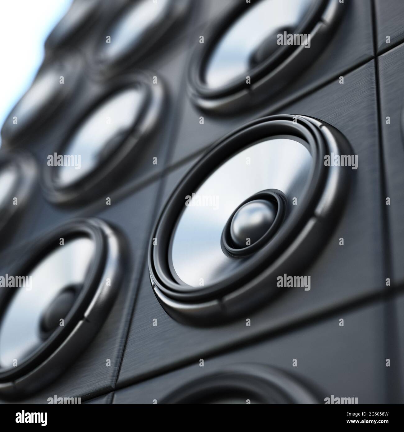 Gruppe von schwarzen und silbernen Lautsprechern. 3D-Illustration. Stockfoto