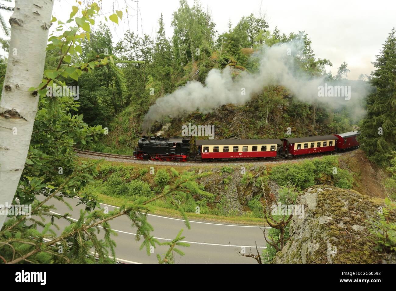 Alexisbad, Deutschland. Juli 2021. Ein Zug der Harzer Schmalspurbahn HSB fährt im Selke-Tal in Richtung Harzgerode. Nach der langen Pandemiepause nahm die Harzer Schmalspurbahn HSB nun auch ihren Dampfbetrieb im Selketal wieder auf. Jedes Jahr reisen Zehntausende von Fahrgästen mit der Schmalspurbahn Harz durch die Region. Quelle: Matthias Bein/dpa-Zentralbild/ZB/dpa/Alamy Live News Stockfoto