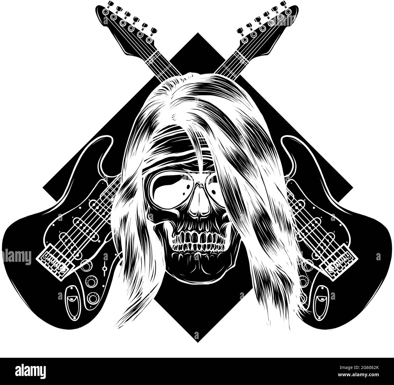 Schwarze Silhouette von menschlichem Schädel mit Gitarre Stock Vektor