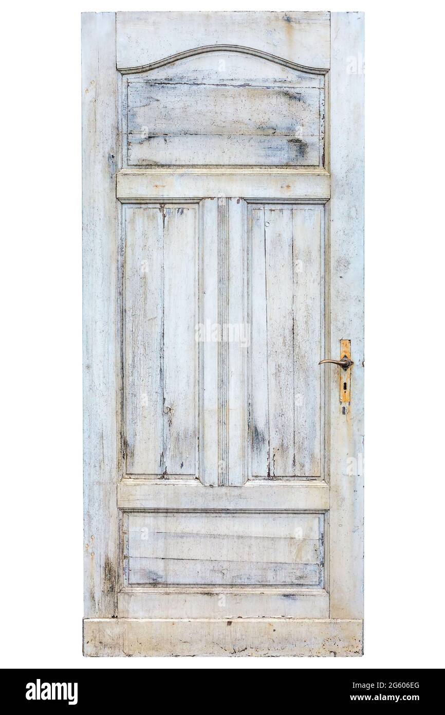 Alte verwitterte Tür mit rissiger weißer Farbe isoliert auf einem Weißer Hintergrund Stockfoto