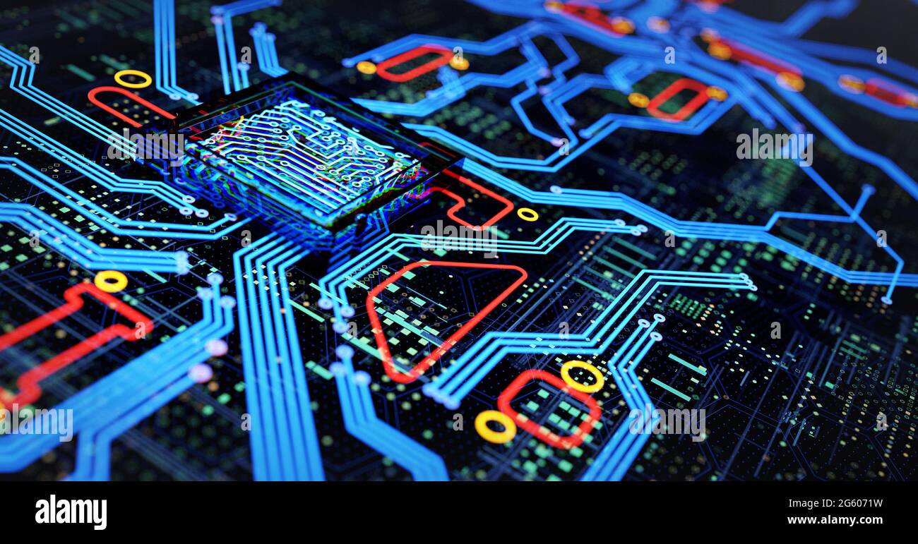 Futuristische Elektronikplatine. Technologiekonzept. 3D-Illustration Stockfoto