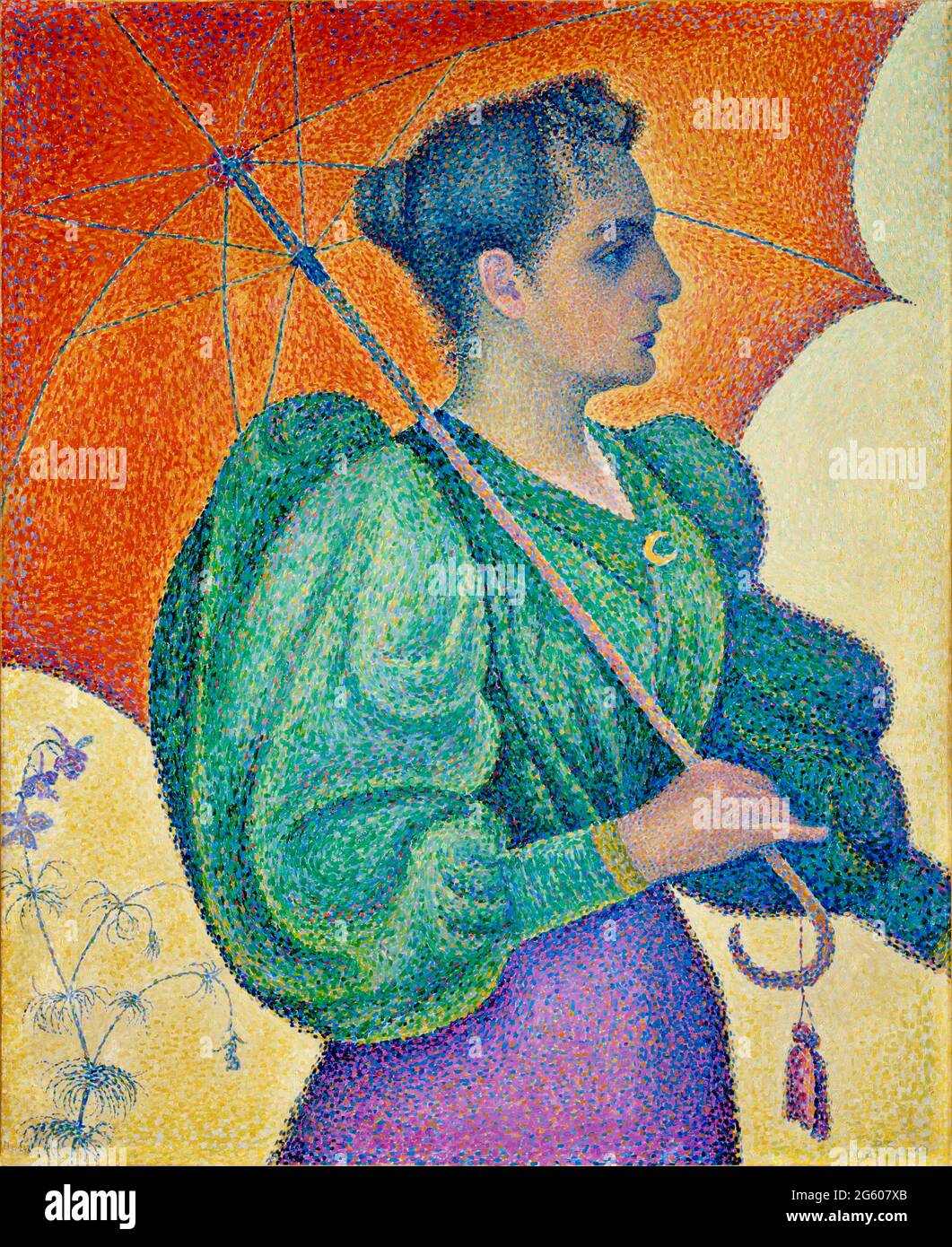 Paul Signac Kunstwerk mit dem Titel Frau mit Regenschirm. Frau in einem grünen Dach läuft mit rot orangefarbenem Regenschirm. Sie sieht so aus, als ob sie Geschäfte meint. Stockfoto