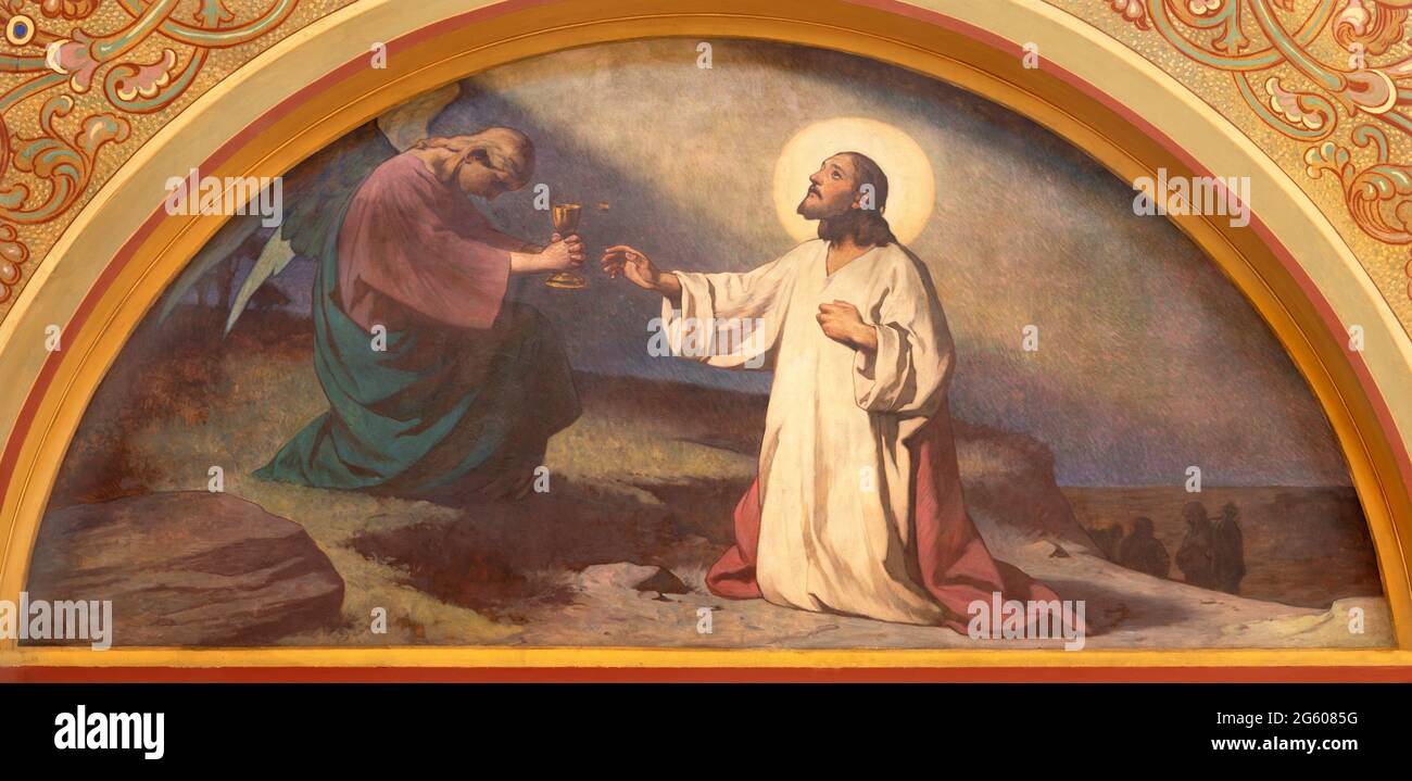 WIEN, AUSTIRA - 18. JUNI 2021: Das Fresko des Jesus-Gebets im Garten Gethsemane in der Herz Jesu Kirche Anfang 20. Jh. Stockfoto