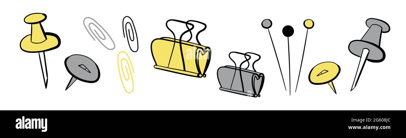 Trendige Doodle handgezeichnete Vektor-Illustration in gelben und grauen Farben des Jahres 2021 isoliert auf weißem Hintergrund gesetzt. Einfache Zeichnung Doodle Stil Skizzen von Büro-Tasten, Stifte und Büroklammern. Vektorgrafik Stock Vektor