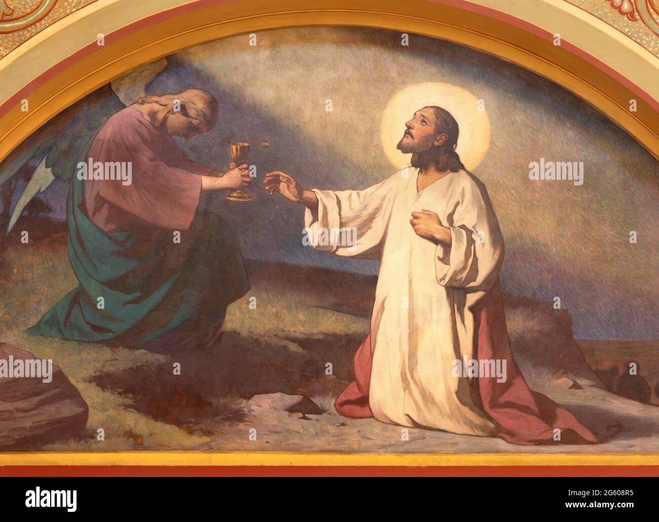 WIEN, AUSTIRA - 18. JUNI 2021: Das Fresko des Jesus-Gebets im Garten Gethsemane in der Herz Jesu Kirche Anfang 20. Jh. Stockfoto