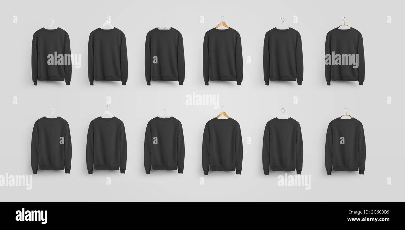 Modell eines schwarzen Sweatshirts, das auf einem Kleiderbügel aus Holz, Kunststoff, Metall, Stoff, Vorder- und Rückansicht hängt. Leere Pullover-Vorlage für Designpräsentation Stockfoto