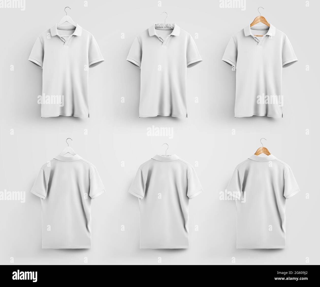 Vorlage aus weißem Herren Polo-T-Shirt; hängend an verschiedenen Kleiderbügeln, Vorder- und Rückansicht, zur Präsentation von Design und Werbung in einem Online-Stor Stockfoto