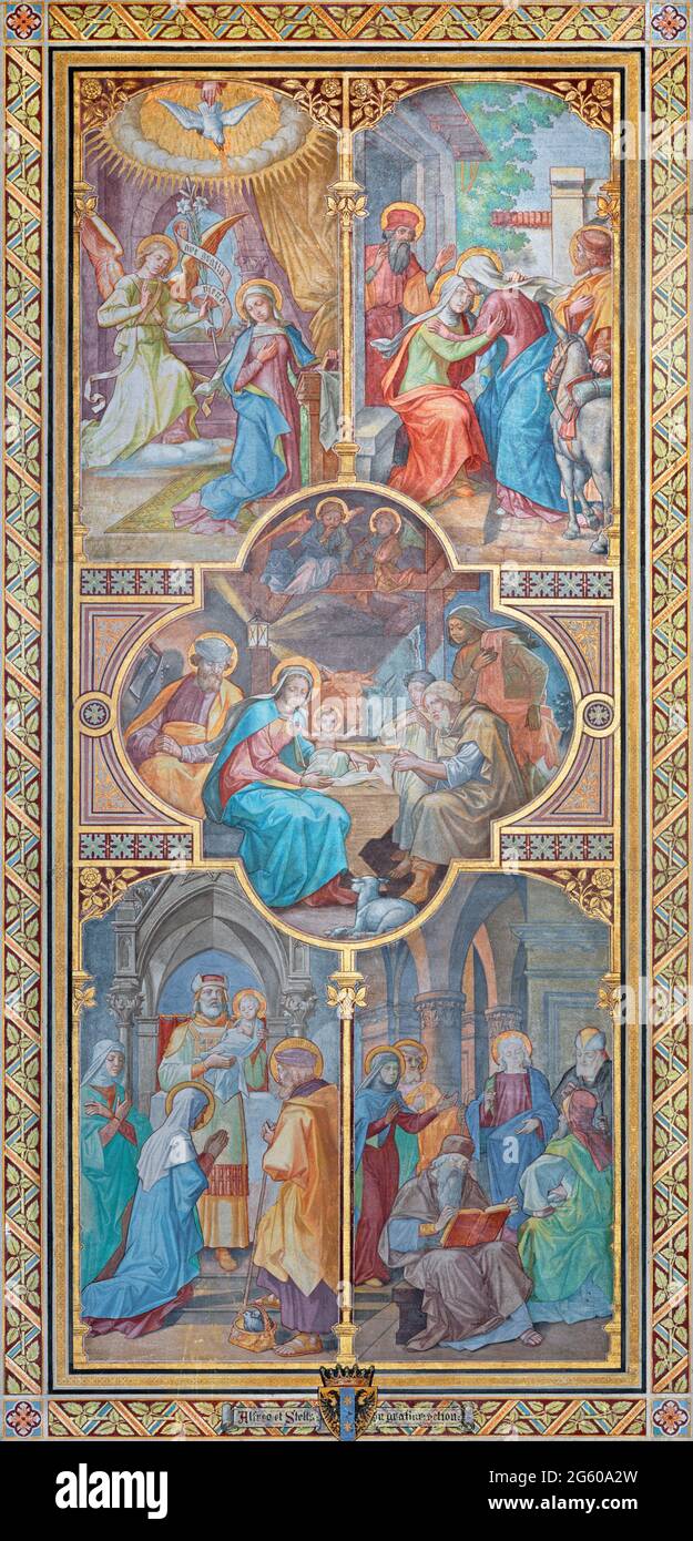 WIEN, AUSTIRA - 24. JUNI 2021: Das Fresko des freudigen Rosenkranzgeheimnisses in der Votivkirche der Brüder Carl und Franz Jobst Stockfoto