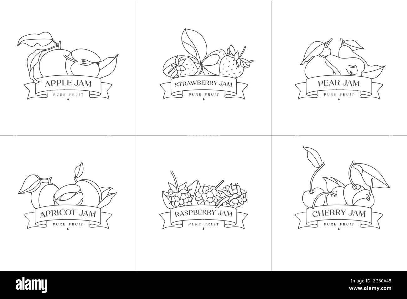 Vektor-Illustration Set von Retro-Design-Etiketten mit Apfel, Aprikose, Birne, Erdbeere und Himbeere, Kirschfrüchte - einfach linear Stil. Embleme compo Stock Vektor