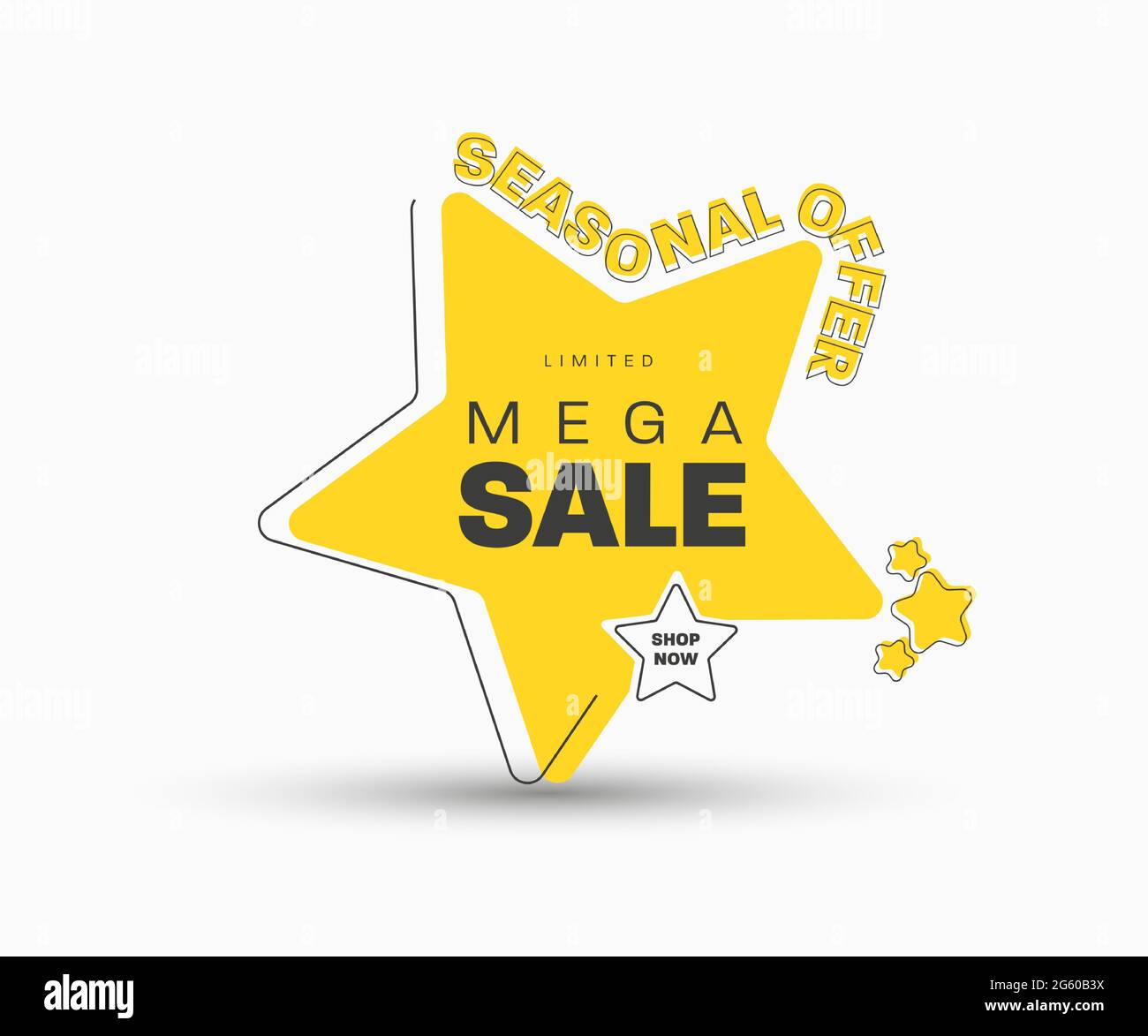 Gelber Aufkleber in Form eines Sterns, der an der Ecke für einen Mega-Großverkauf steht. Banner-Vorlage mit schwarzem Text und Kontur. Saisonale Rabatte Stock Vektor