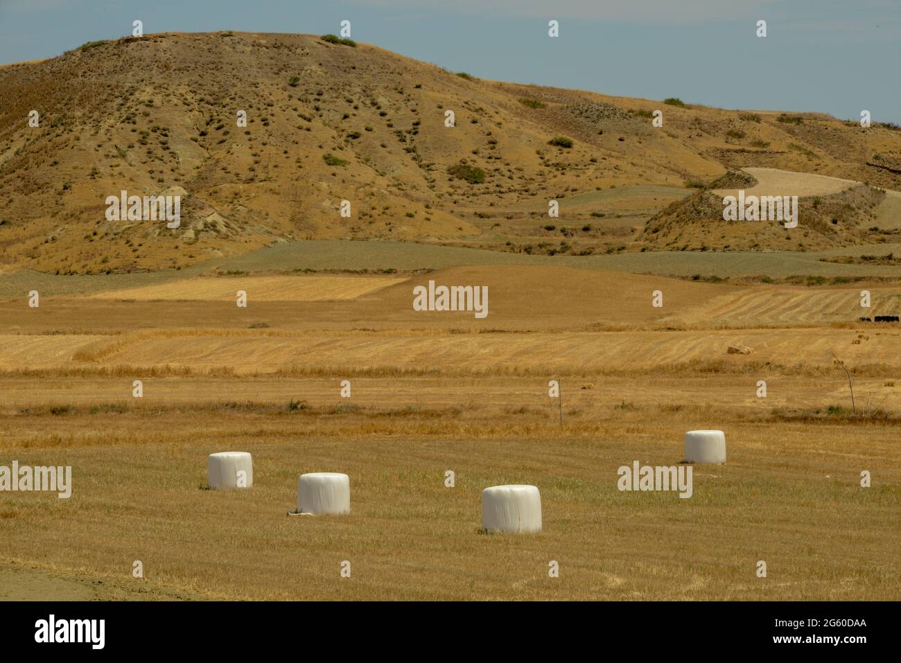 Landschaft eines Feldes mit Heuballen auf der Insel Zypern Stockfoto