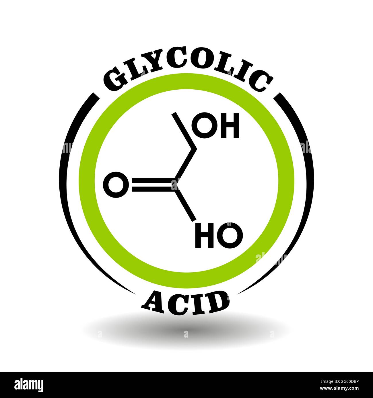 Kreisvektor-Symbol mit chemischer Formel von Glykolsäure-Symbol für die Verpackung von Zeichen von Kosmetika, Tags von Medizinprodukten mit Glykolat-Zutaten Stock Vektor